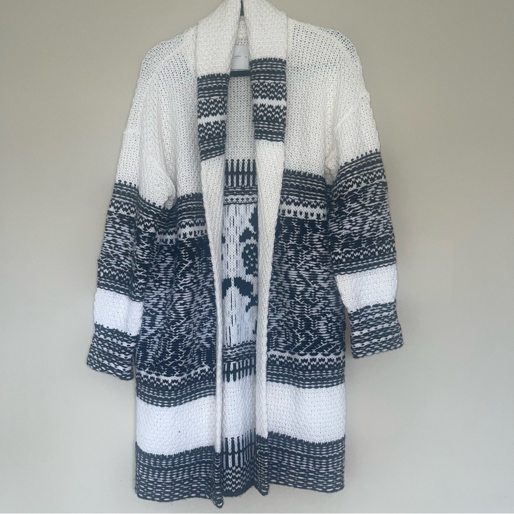 Lucky Brand Chunky Knit Duster Open Cardigan XS Ivory/Black Mid Length Boho